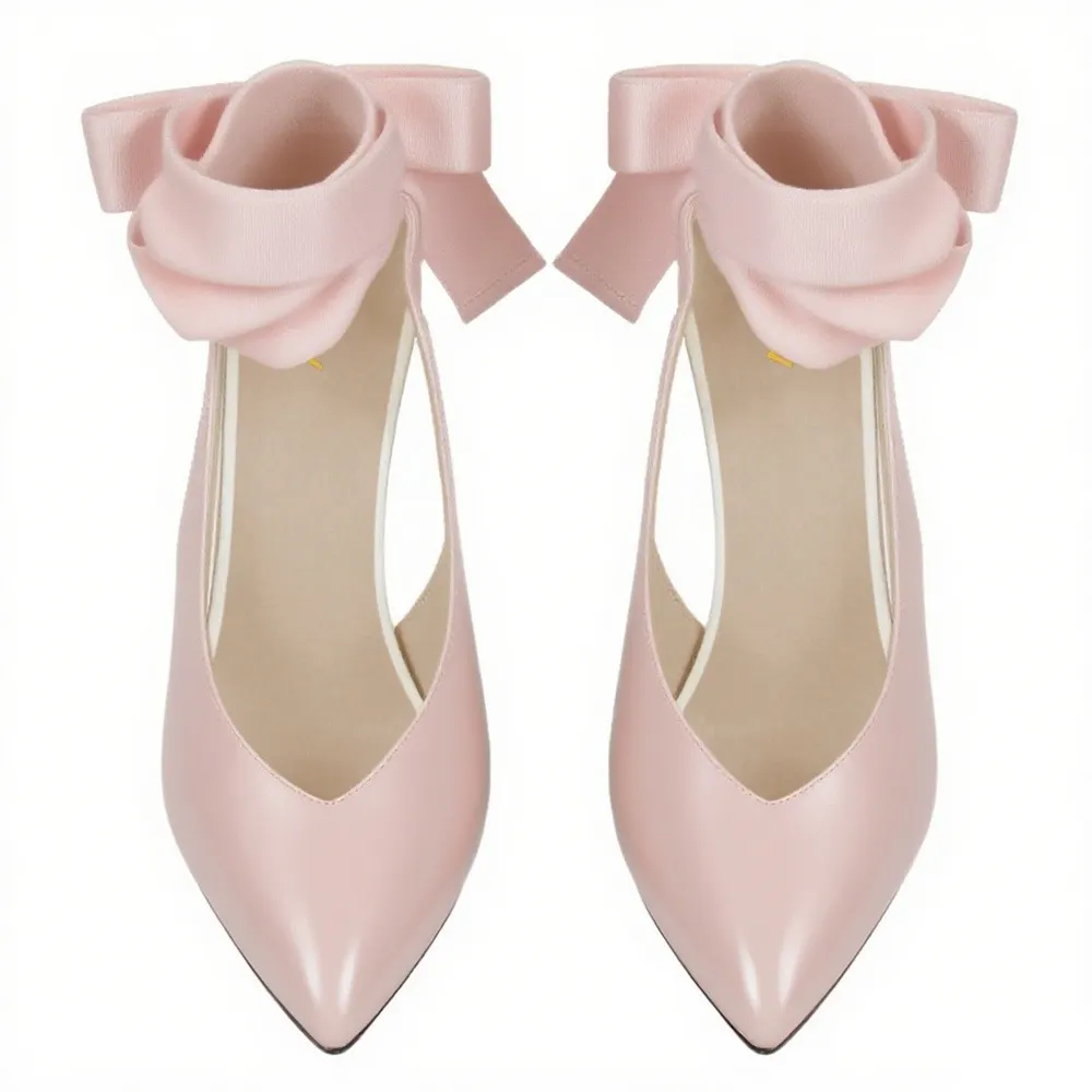 Pointed Toe High Heeled Bow Slingback Cute Light Pink Pumps