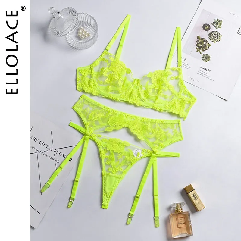 Ellolace Neon Floral Lingerie 3 Piece Set Transparent Underwear Women Push up Bra With Bone Erotic Lingerie Sensual Lingerie Set