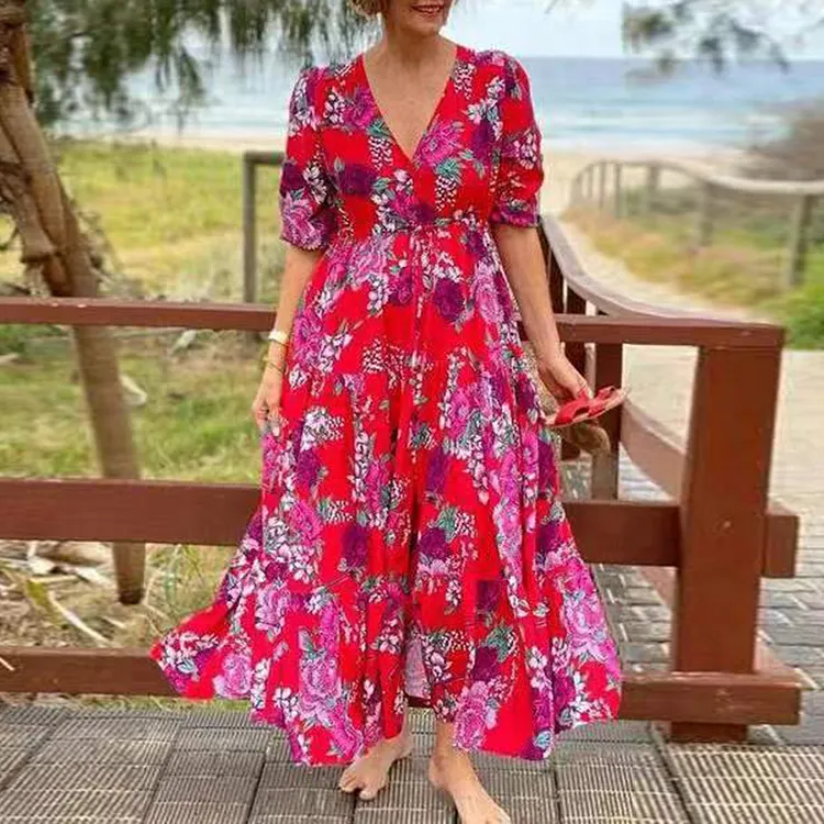 Resort Casual V Neck Mid Sleeve Tunic Midi Dress