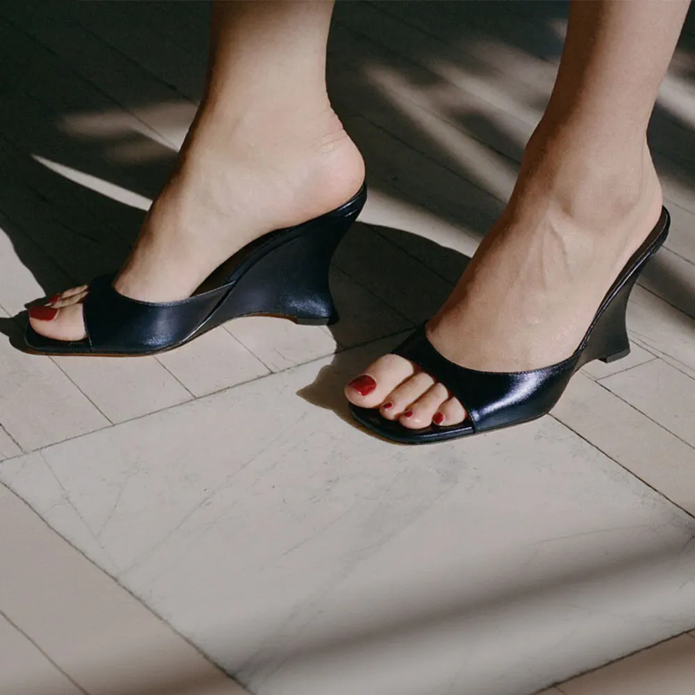 Deep Metallic Blue Square Toe Wedge Heel Women's Mules Shoes