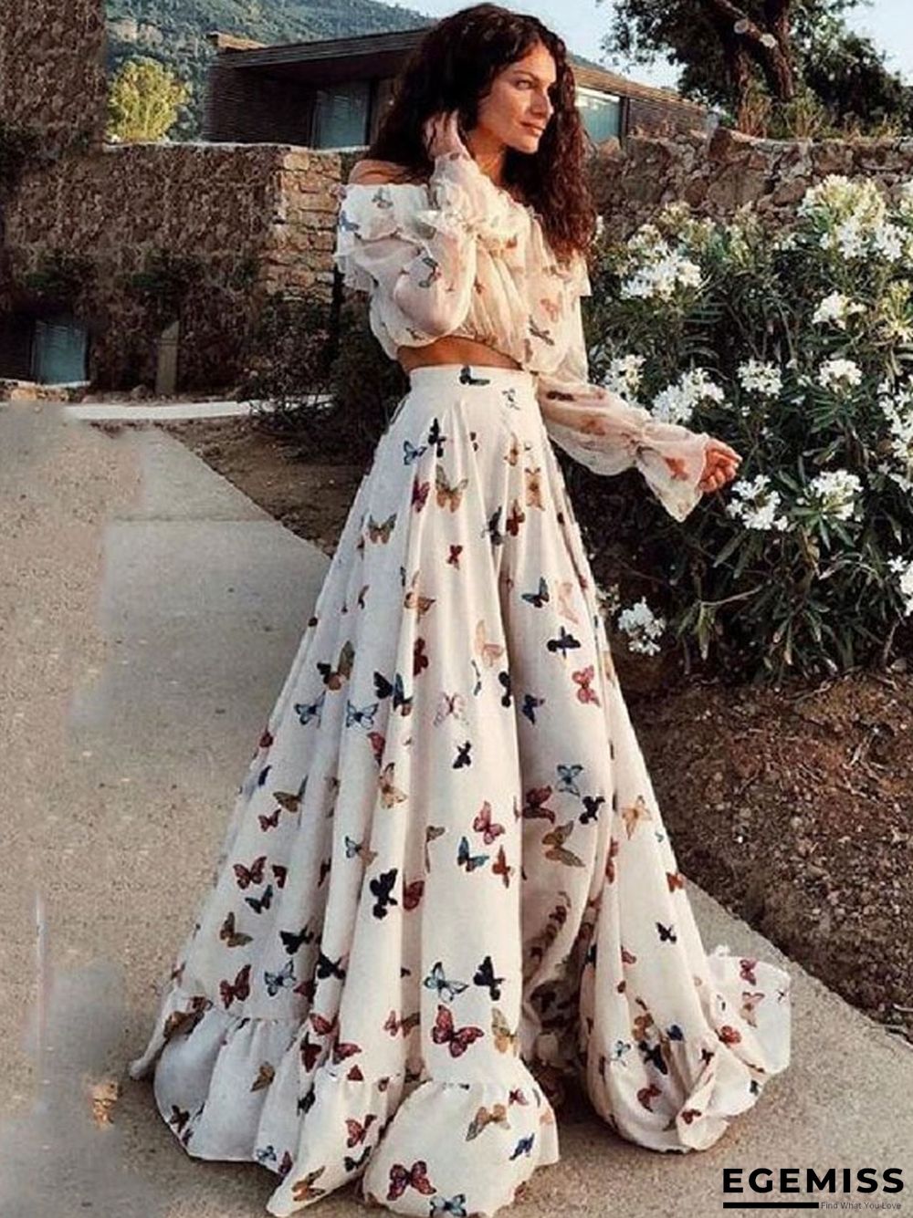 Butterfly Print Two Piece Set Large Skirt Long Skirt Beach Dress White Dresses | EGEMISS