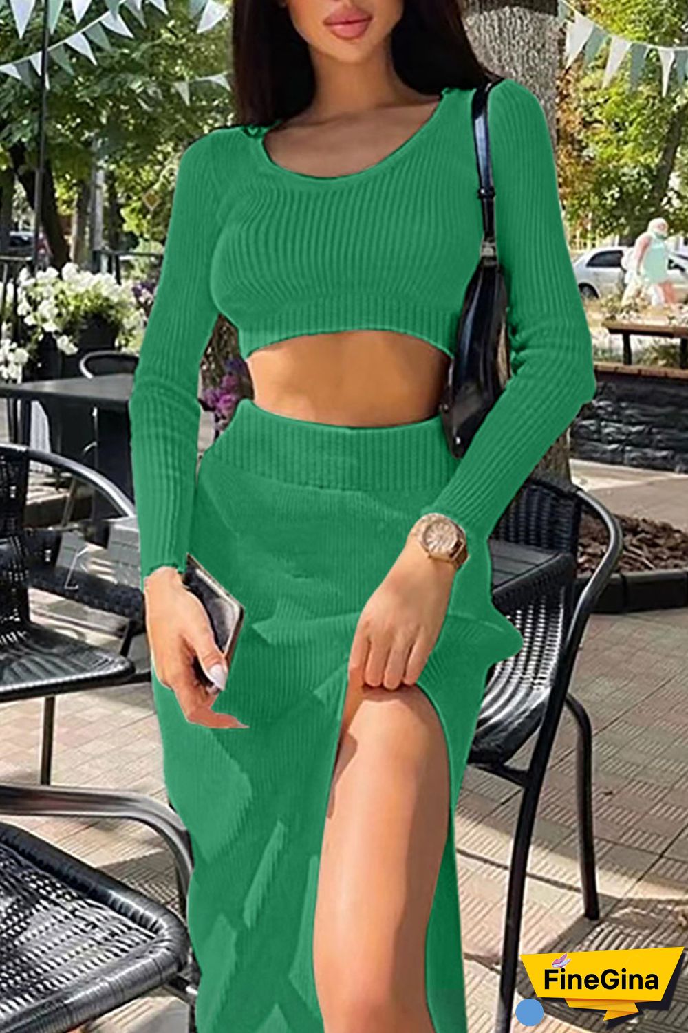 White Sexy Solid Patchwork Slit U Neck Long Sleeve Two Pieces
