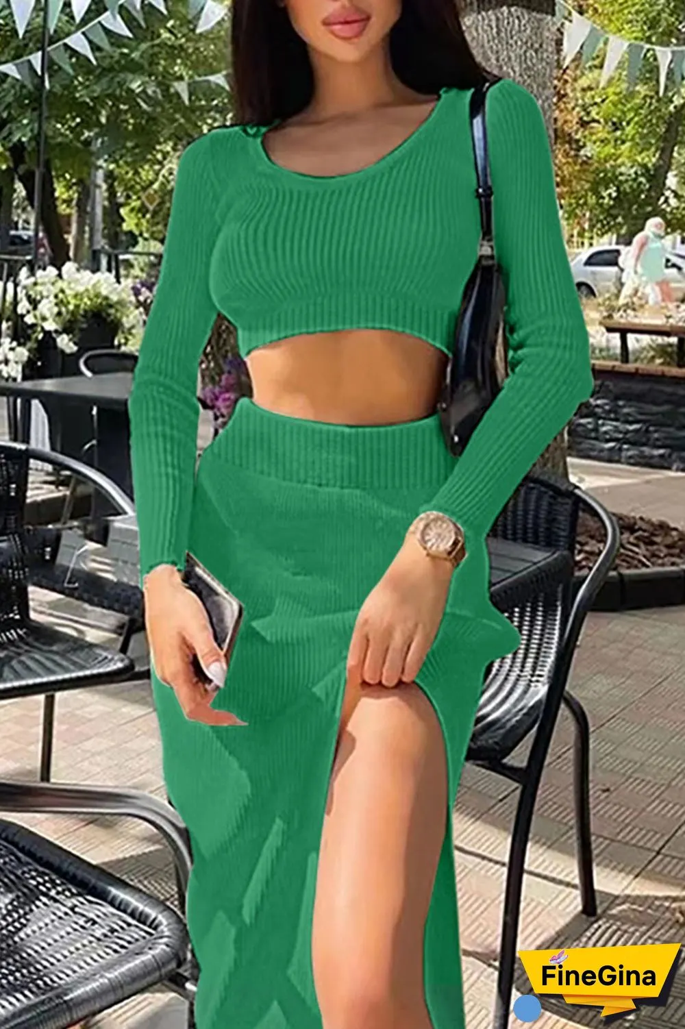 White Sexy Solid Patchwork Slit U Neck Long Sleeve Two Pieces