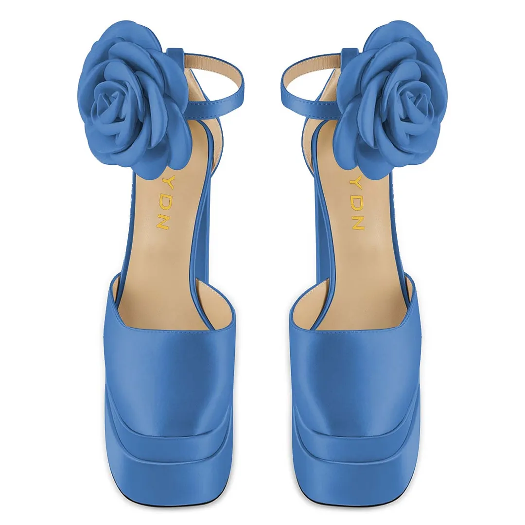 Satin Square Toe Floral Ankle Strap Blue Chunky Heels with Platform