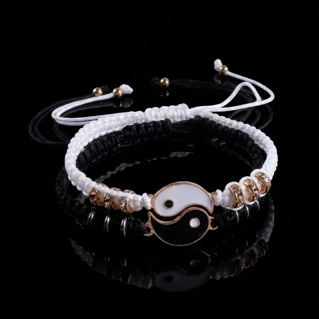 JiStones Harmony Duo: Black & White Reversible Couple Bracelet Set | Adjustable Silver-Tone Chain