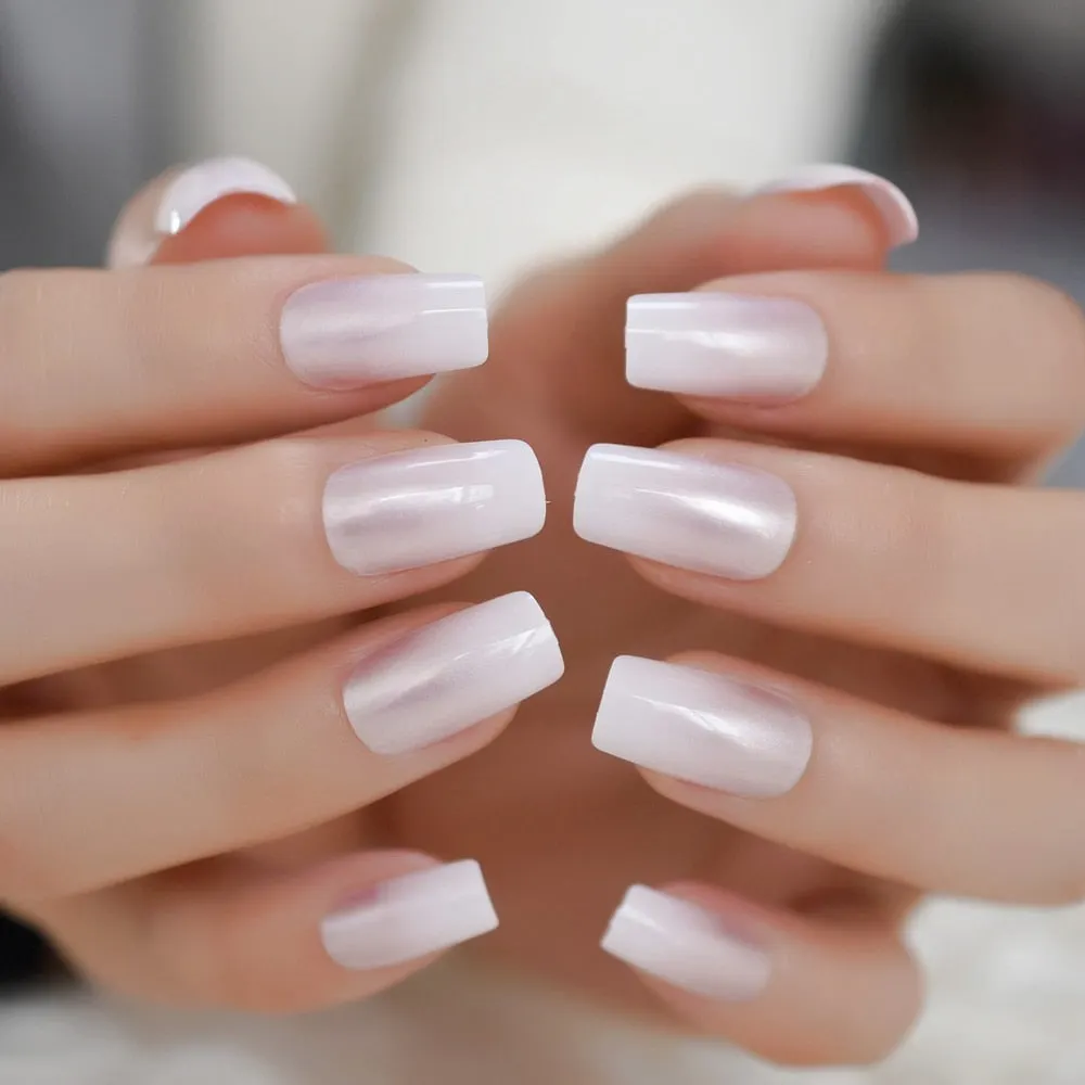 Pearl Shine Glossy Fake Nails Shimmer White Square Ombre French Nail Faux Ongles Gradient Medium Fingernails with Gluetabs-Nail Inspo
