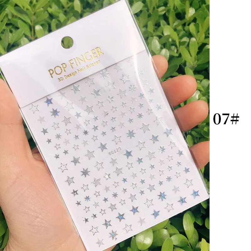 Star Nail Art 3D Stickers Black White Gold Love Hearts Pattern Nail Decals Manicures Nails Design Adhesive Wraps Tip Decoration