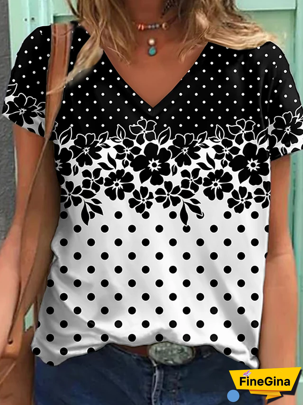 V Neck Floral-print Short Sleeve Casual T-shirt