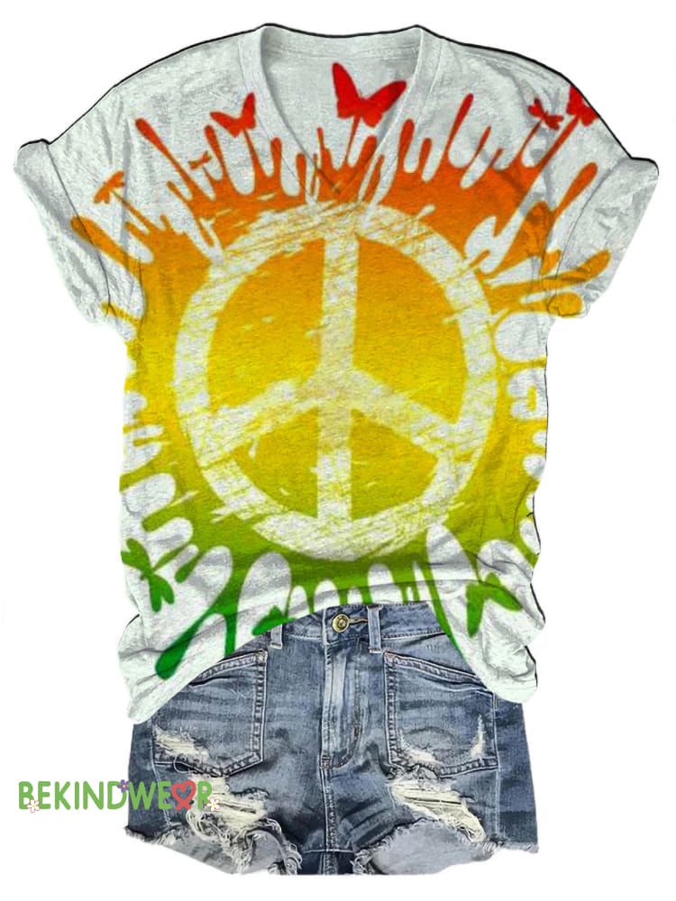 Butterfly Peace Ink Splash Print Casual V-Neck Short Sleeve T-Shirt Multicolor / S