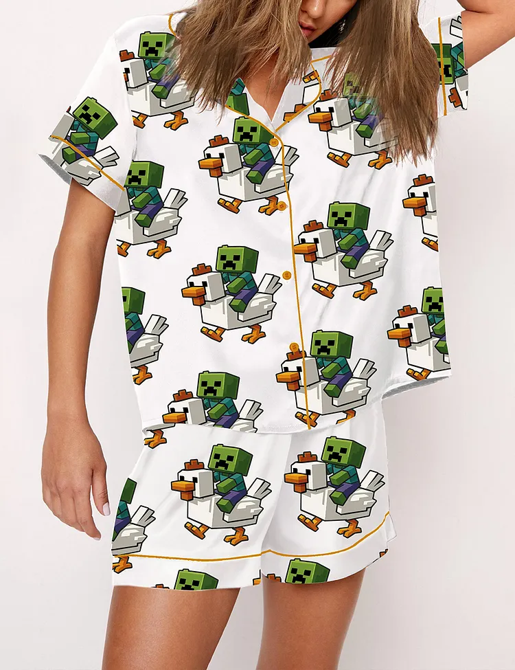 Women's Chicken Jockey Funny Minecraft Zombie Riding Chicken Print Pajama Set