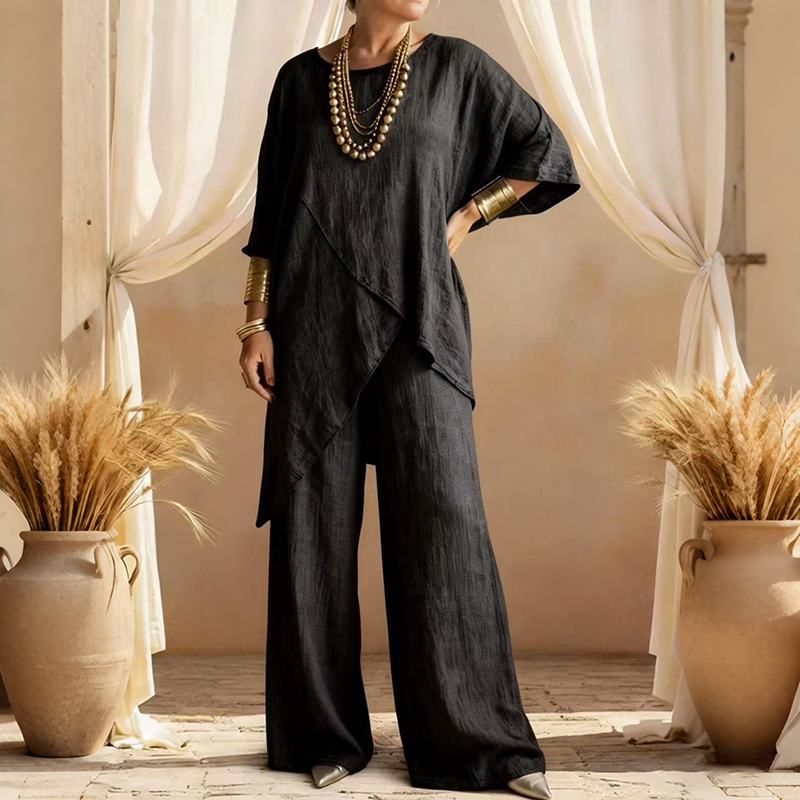 Comstylish Women's Comfy Linen Blend Flowy Double Layer Design Top And Pants Two-piece Set