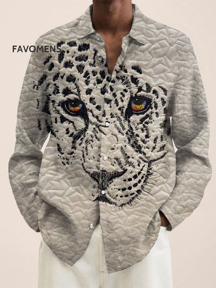 Men&rsquo;s Vintage Leopard Face Print 100% Cotton Long Sleeve Shirt Multicolor / S