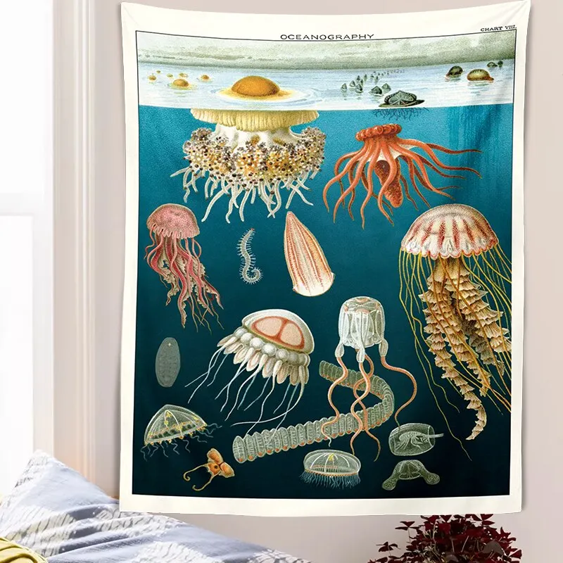 Vintage oceanography Illustration Tapestry Wall HangingRoom Decoration Aesthetic Illustrated Wall Decor Antique Wall Art