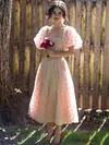 Light Pale Baby Pink Ball Gown Whimsical Lolita Prom Dress Short Puff Sleeve Sweetheart Bodice Love Heart Print Cottagecore Fairy Kawaii