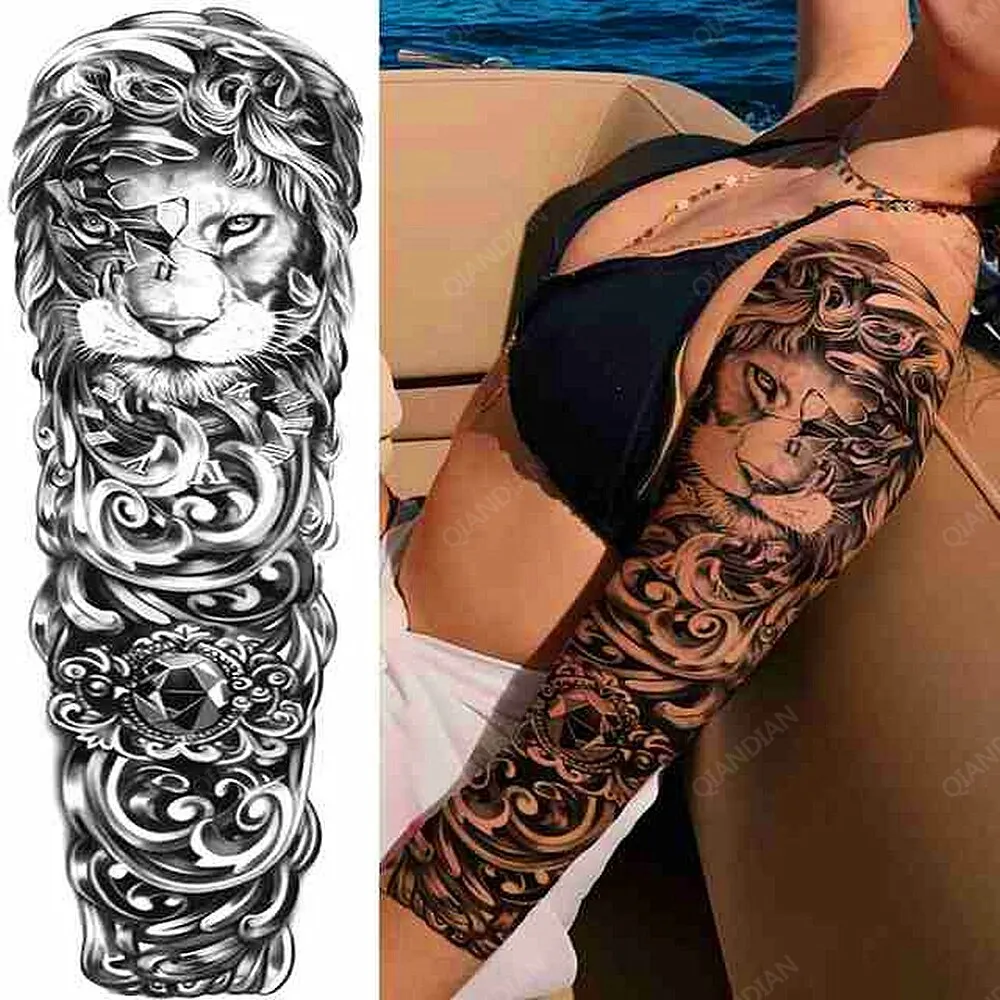 Large Arm Sleeve Tattoo Rose Lion Wolf Waterproof Temporary Tatto Sticker Flower Clock Waist Leg Body Art Full Fake Tatoo Women