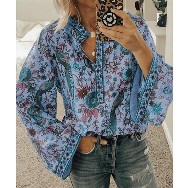 GAOKE Women Tops And Blouses Long Sleeve Bohemian Beach Loose Female Shirt Blouse Boho Fashion V Neck Lady Top Blusas