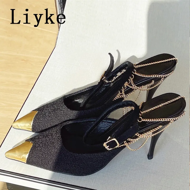 Size 35-40 Woman Pumps High Heels Fashion Chain Decoration Hollow Elegant Stiletto Sandals Pointed Toe Party Shoes For Women