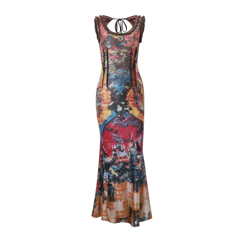 Uveng Uveng Ins Women's Summer 2023 New Fashion Vintage Tie-Dye Print Sexy U-Neck Slim Dress Long Dress