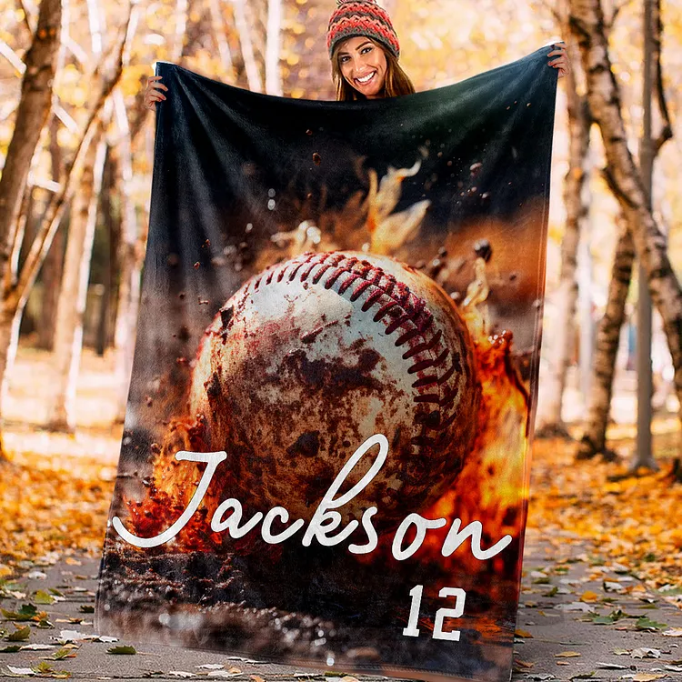 Personalized Baseball Blanket, Sport Theme Blanket with Number and Name Birthday Team Gift for Athletes Sport Lovers | BKKid735