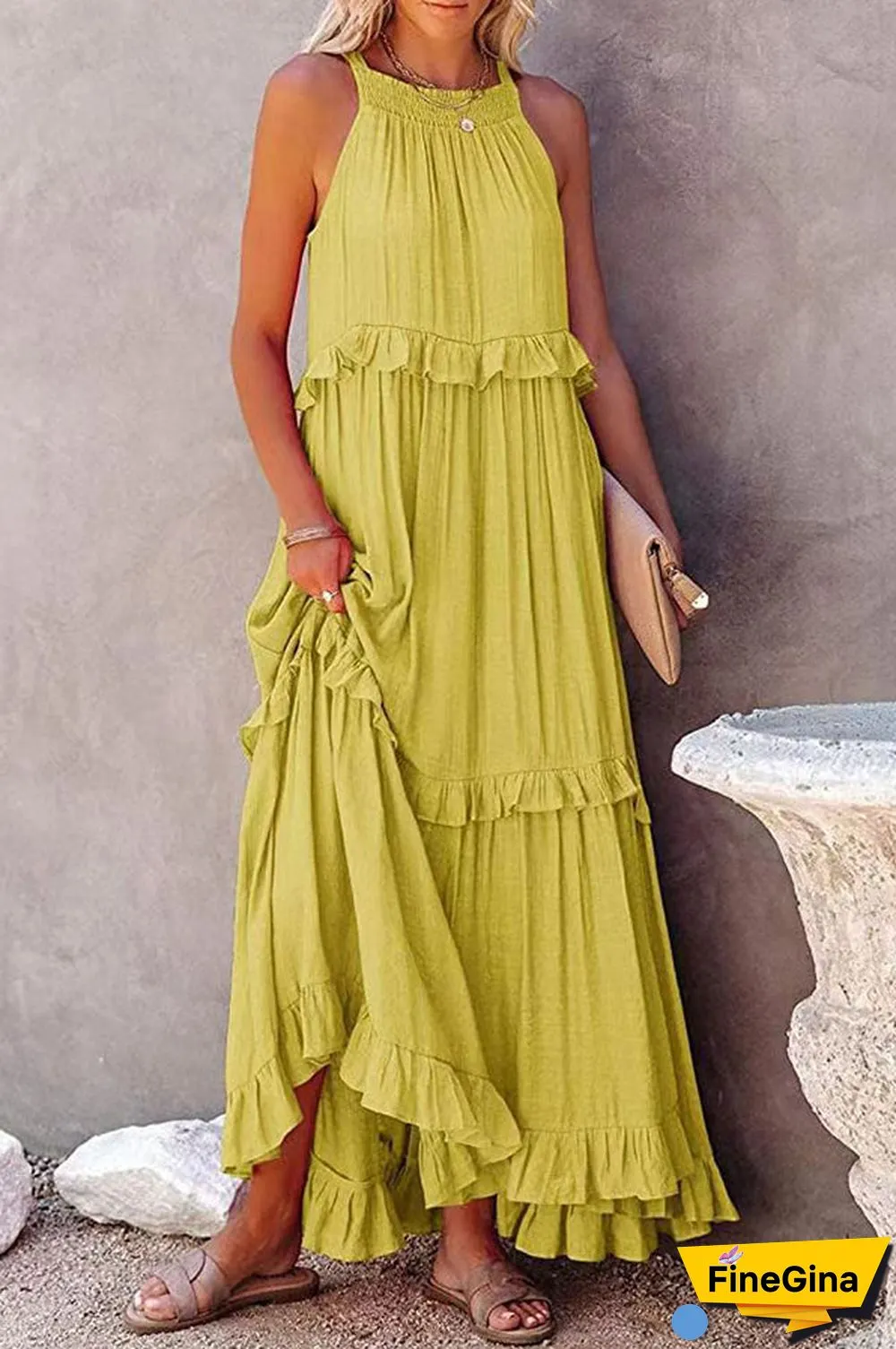 Pocketed Halter Textured Maxi Dress