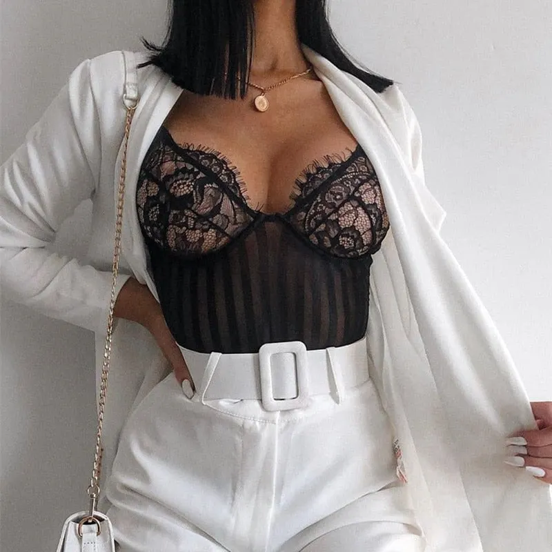 Lace Bodysuit Women Floral Embroidery Perspective Sexy Bodysuit 2020 Ladies Skinny Summer Overalls Body Femme