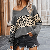 Women's V-Neck Colorblock Leopard Knit Sweater