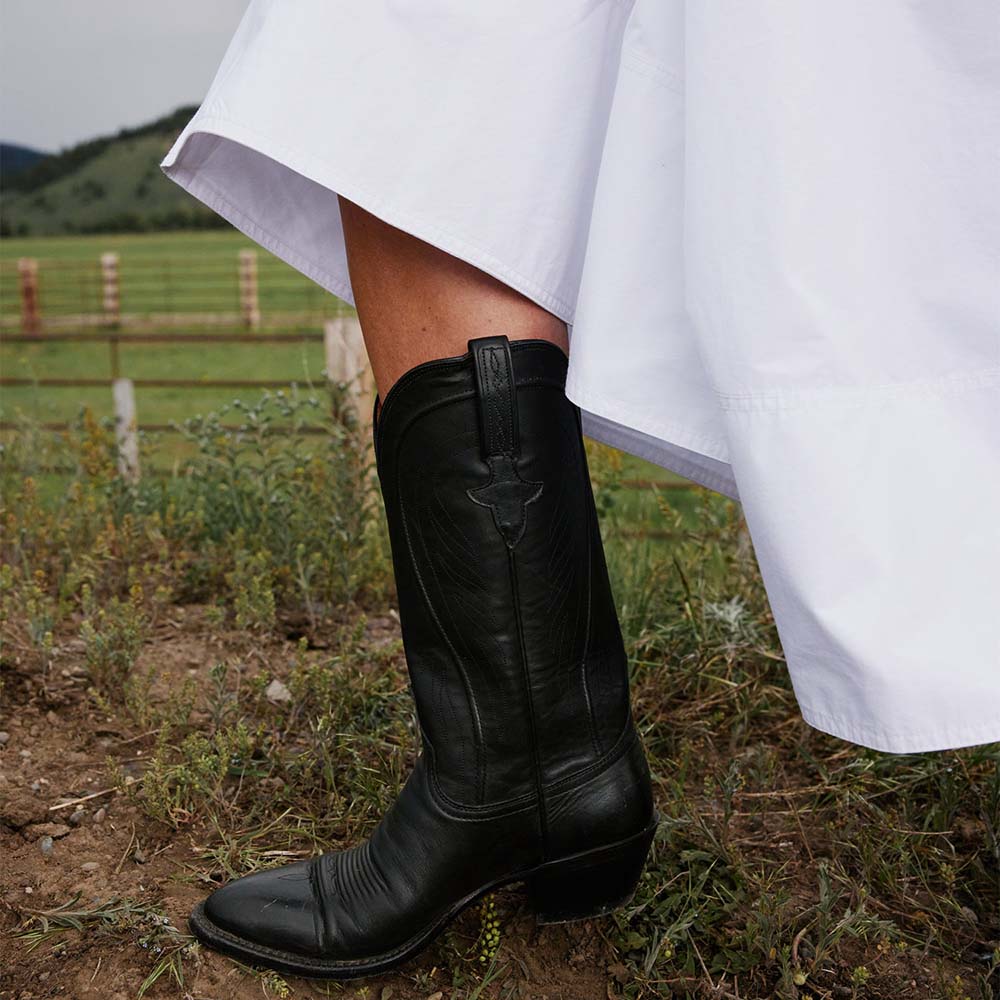 Black Vegan Leather Closed Toe Chunky Heel Mid Calf Cowgirl Boots