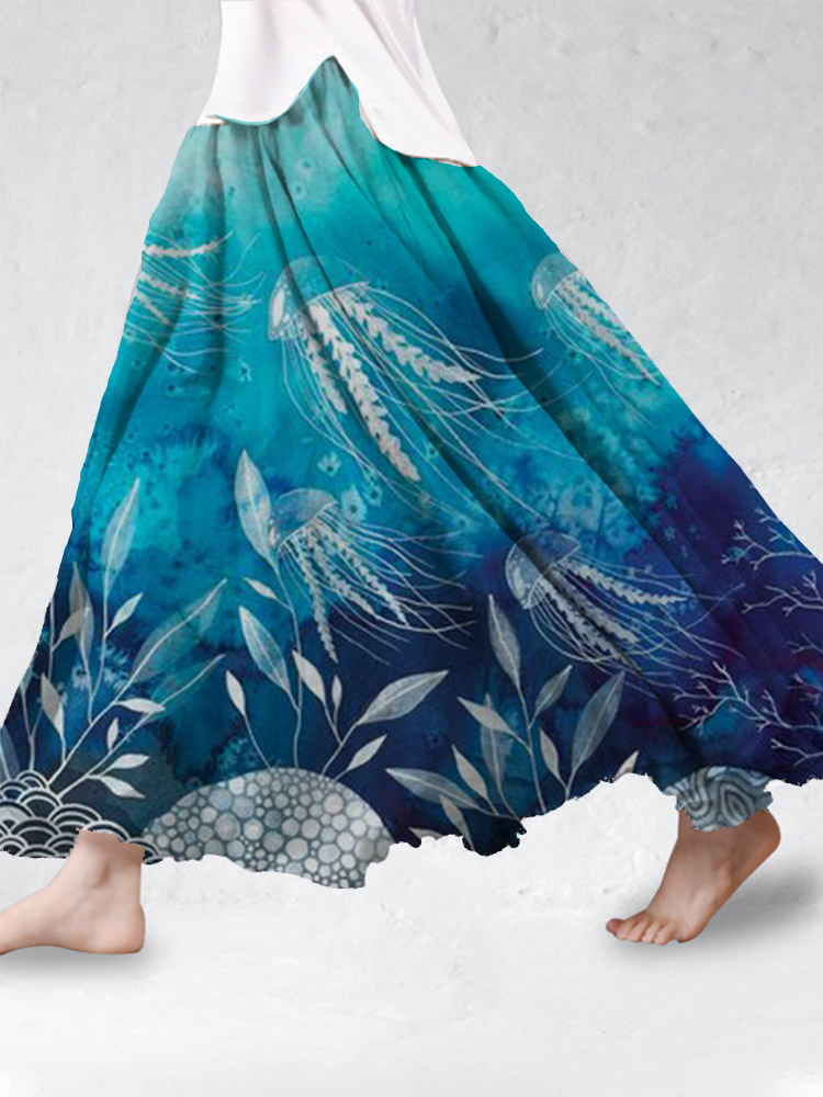 Tie Dye Ocean Turtle Art Cotton Linen Flowy Skirt
