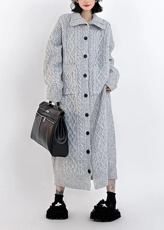 Plus Size Grey Hign Neck Button Long Knit Cardigan Winter