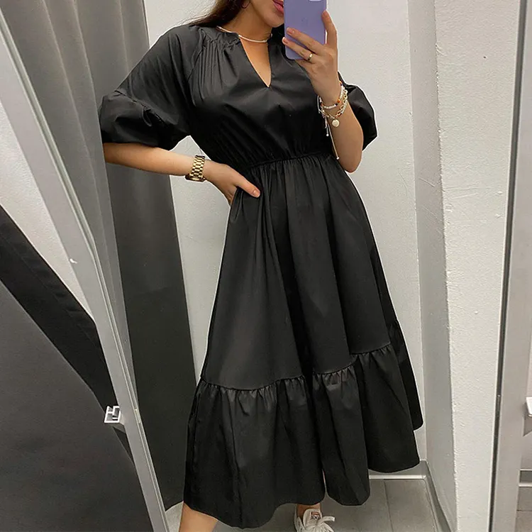 Casual Solid Puff Sleeve Maxi Dress