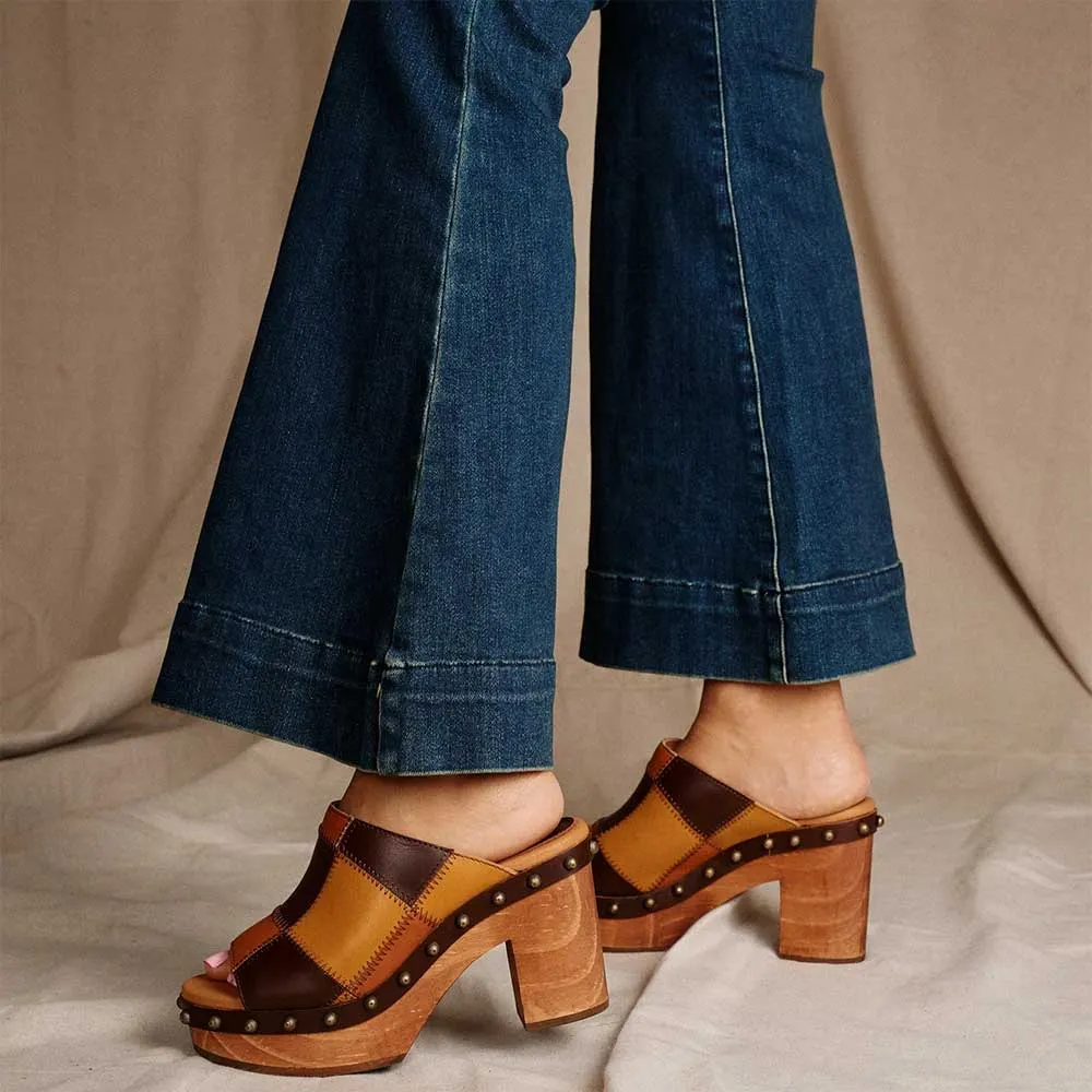 Multicolor Round Toe Stitching Studded Platform Color Block Mules