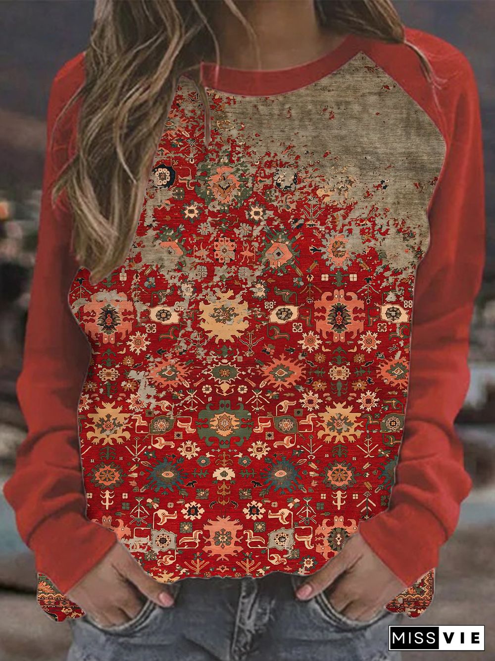 Vintage Long Sleeve Geometric Texture Printed Crew Neck Plus Size Casual Sweatshirts
