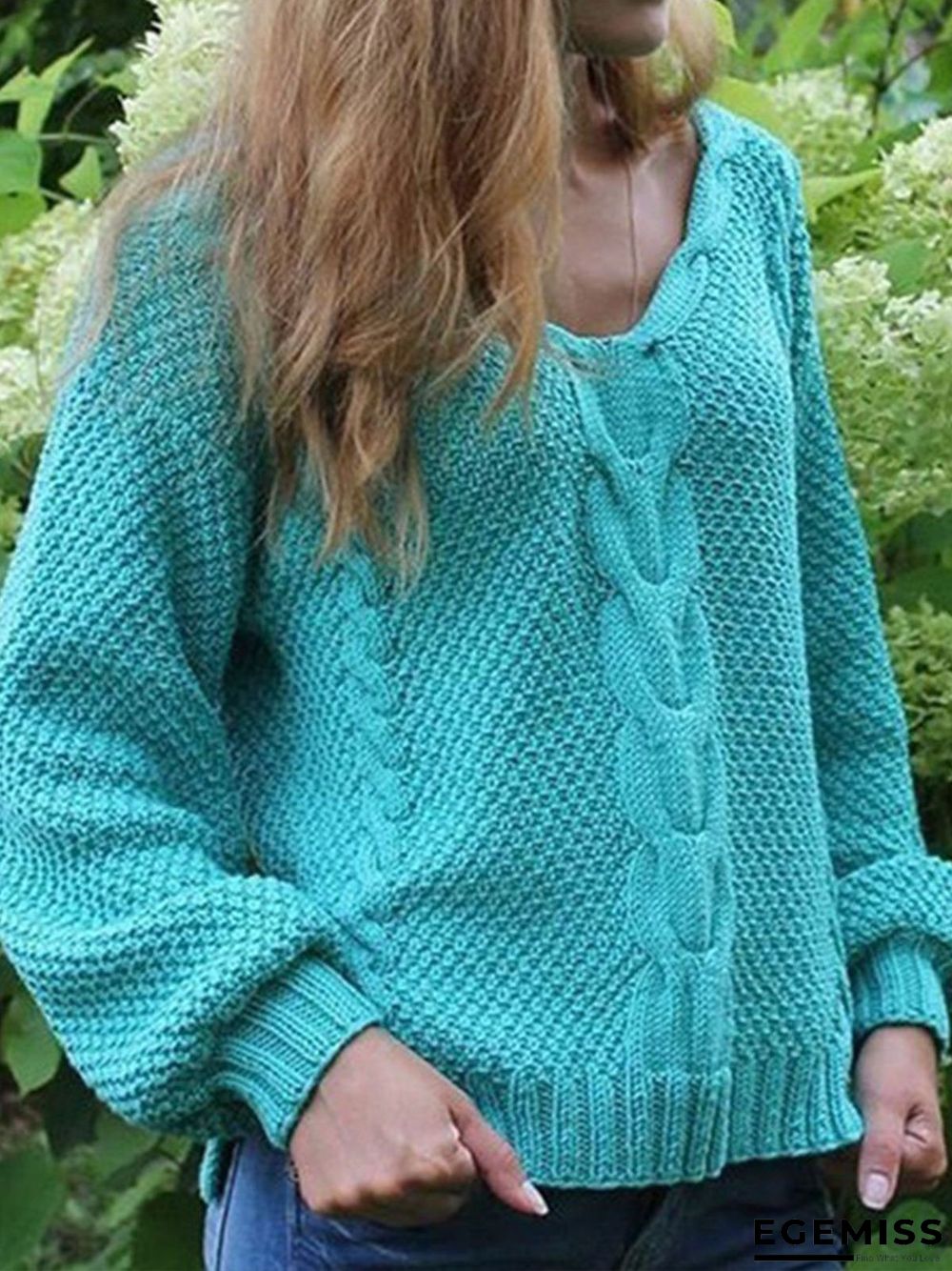 Casual Plain Knitted V-neck Long Sleeve Sweater | EGEMISS