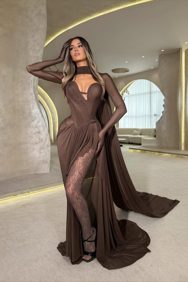 Chic Brown Sweetheart Chiffon Long Sleeves Split Pleated Prom Dress with Scarf | WQ0661 Chic Brown Sweetheart Chiffon Long Sleeves Split Pleated Prom Dress with Scarf | WQ0661