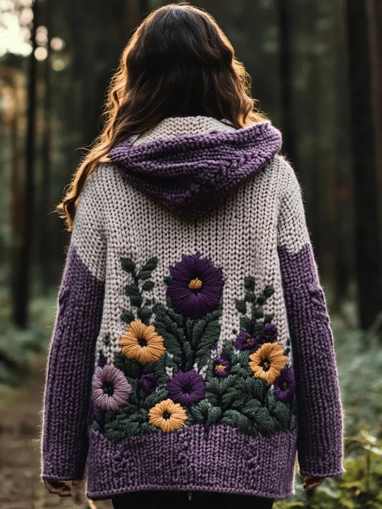 Elegant Flower Embroidered Cozy Chunky Hooded Cardigan