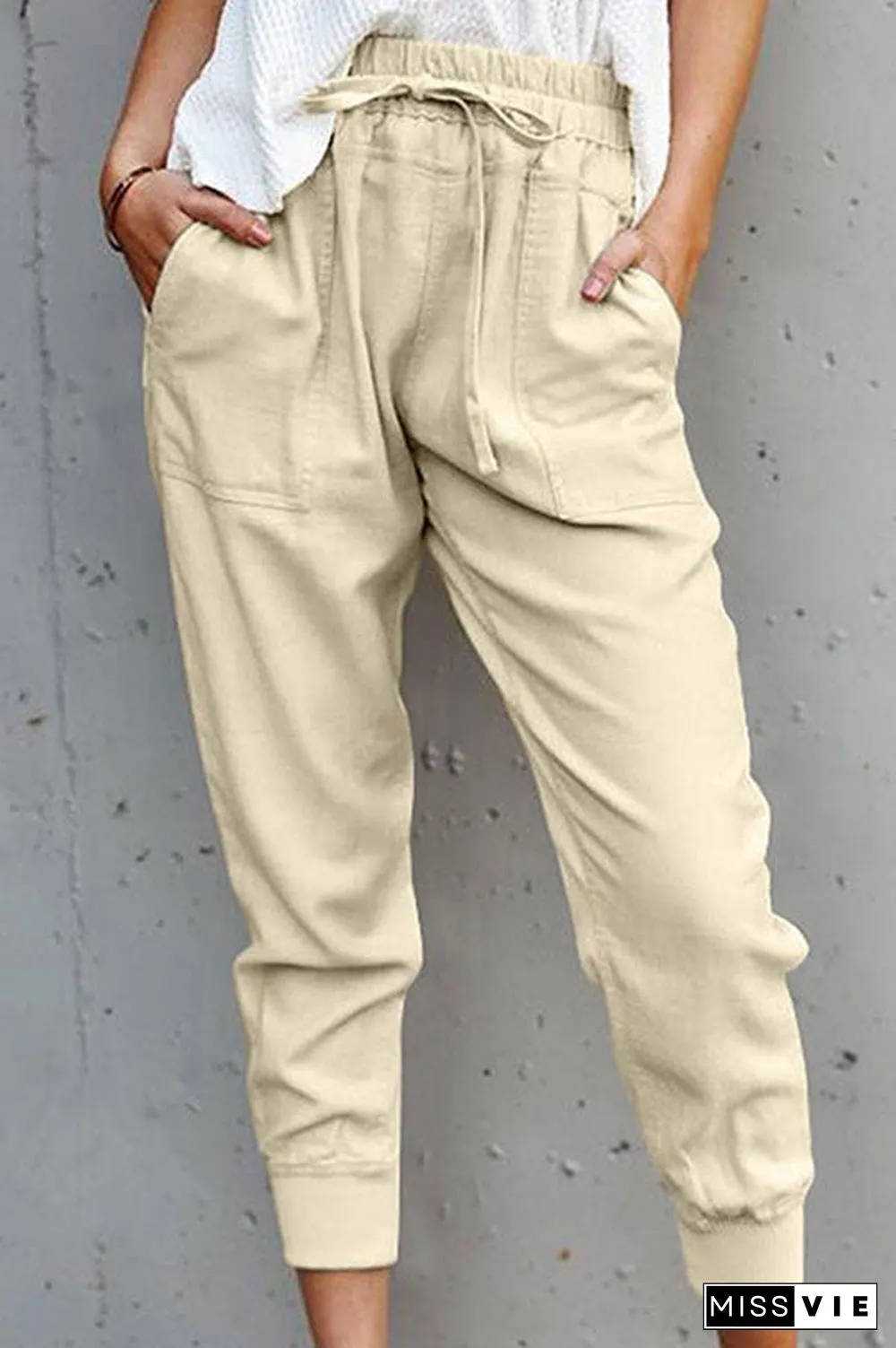 Casual Solid Lace-up Slim Cropped Trousers