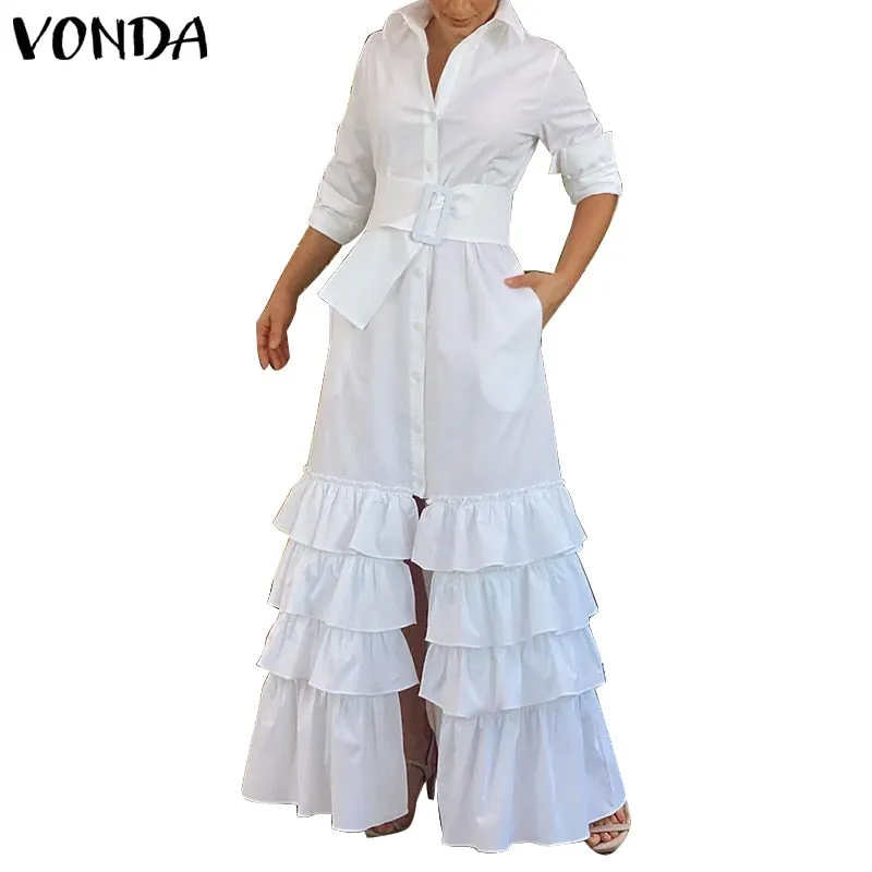 Women Party Maxi Dress 2022 VONDA Spring Holiday Dress Casual Vintage Long Sleeve Lapel Button Down Ruffled Vestidos Robe Femme