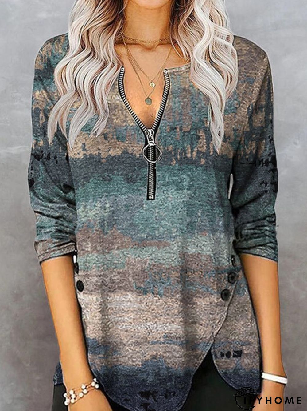 Printed Zipper Long Sleeve V Neck Casual Tunic T-Shirt | IFYHOME
