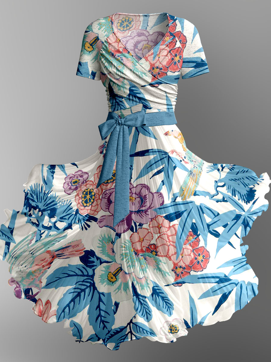 Women's Floral Print Camisole Dress Short Sleeve Strappy Jacket Two Piece Suit