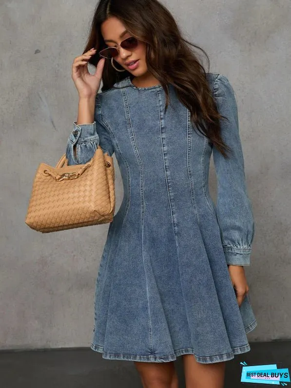 Fashion Casual Patchwork Drop Waist Women's Denim Long Sleeve Dress
