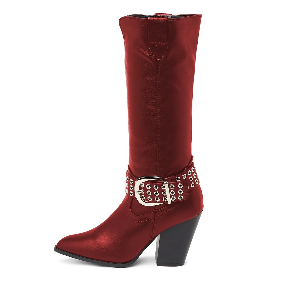 Women's Buckled High Heel Maroon Cowgirl Boots with Grommets