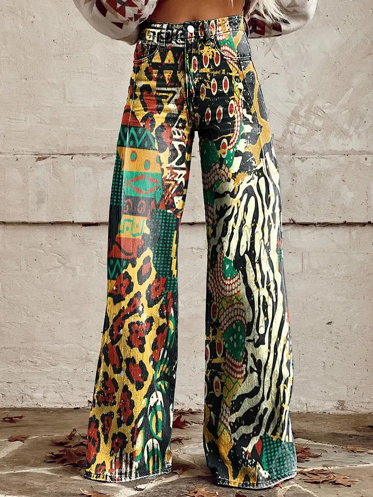 Women's Vintage Leopard Contrast Color Print Casual Wide Leg Pants