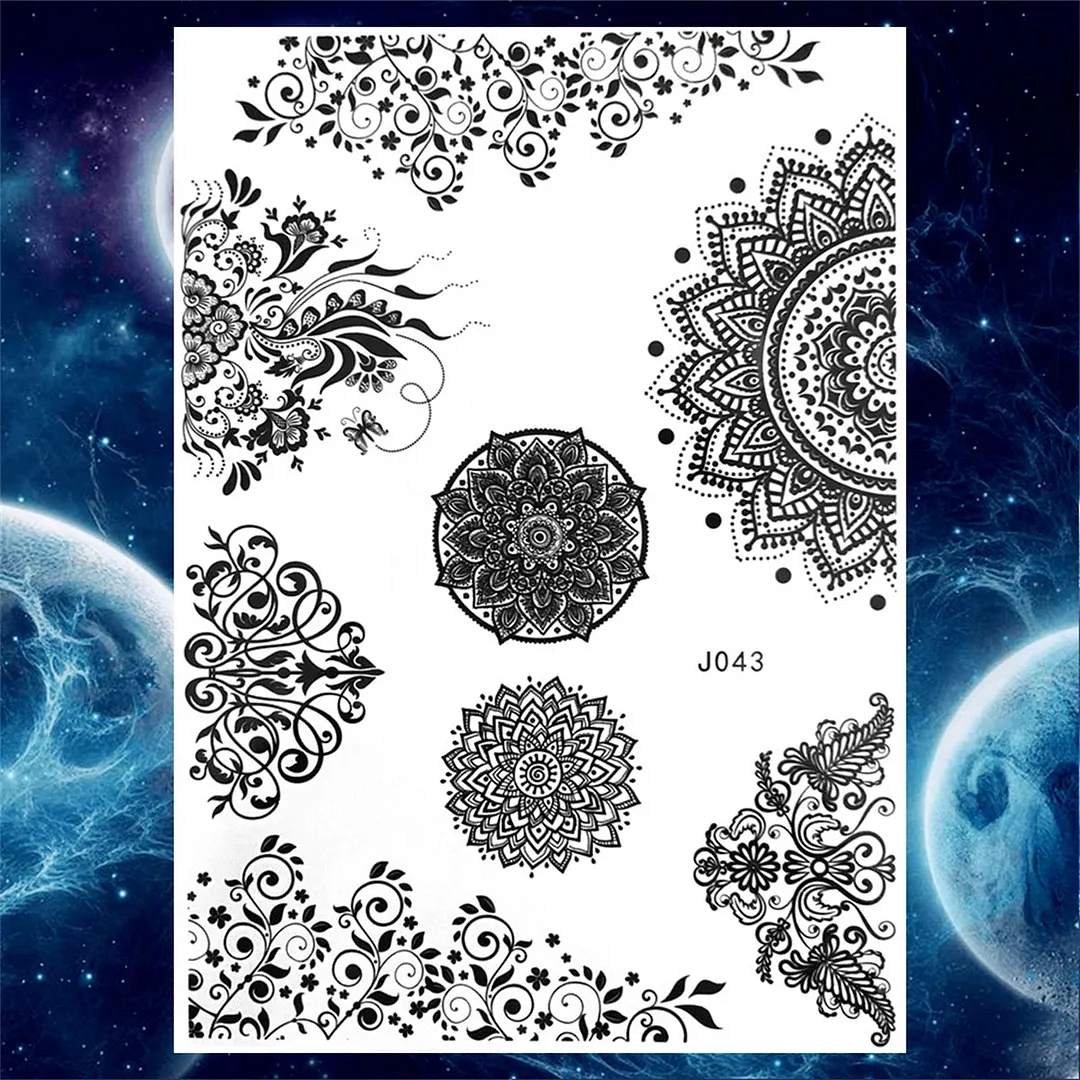Sexy Black Henna Temporary Tattoos For Women Girls Lotus Flower Lace Tattoo Sticker Fake Jewelry Mandala Body Chest Tatoos Paper