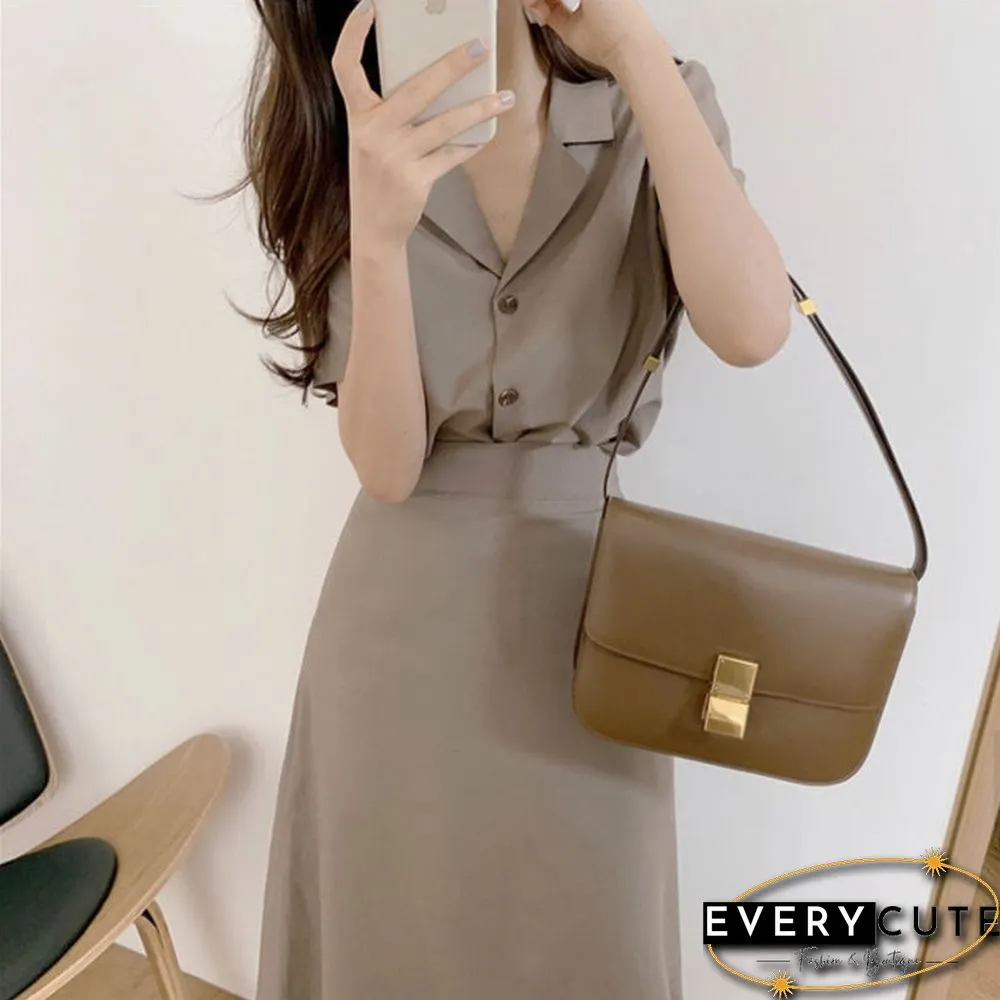Sets Women Shirts And Skirts Solid Casual Button Elastic Waist Notched Mature Female Office Slim Retro Tender Ladies Elegant New