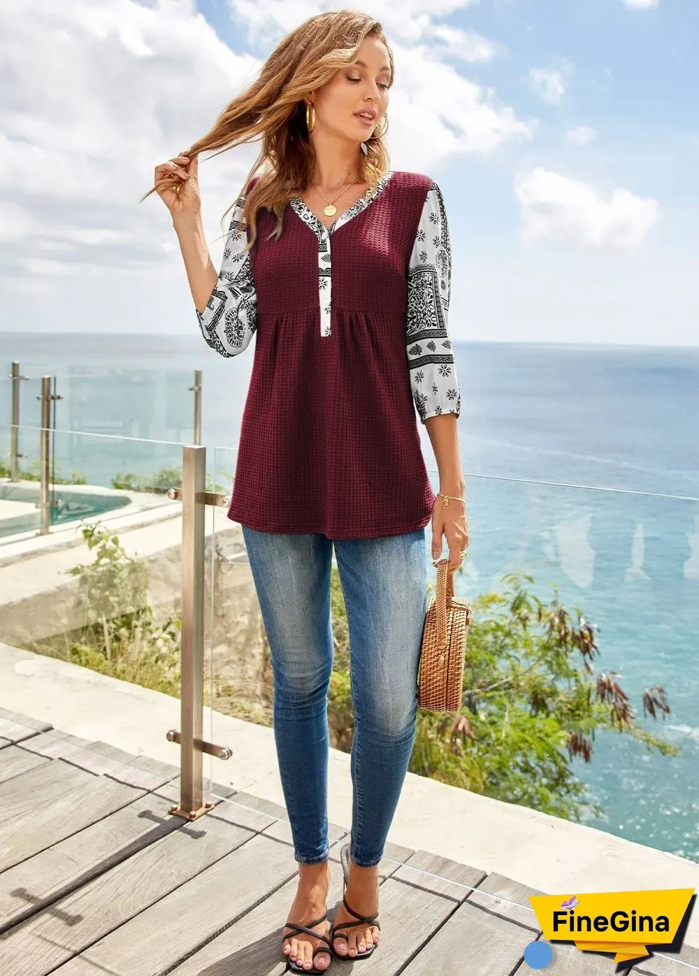 Leisure V Neck Pattern Sleeve Top