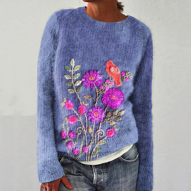 Vintage Floral Bird Embroidery Print Crew Neck Sweater