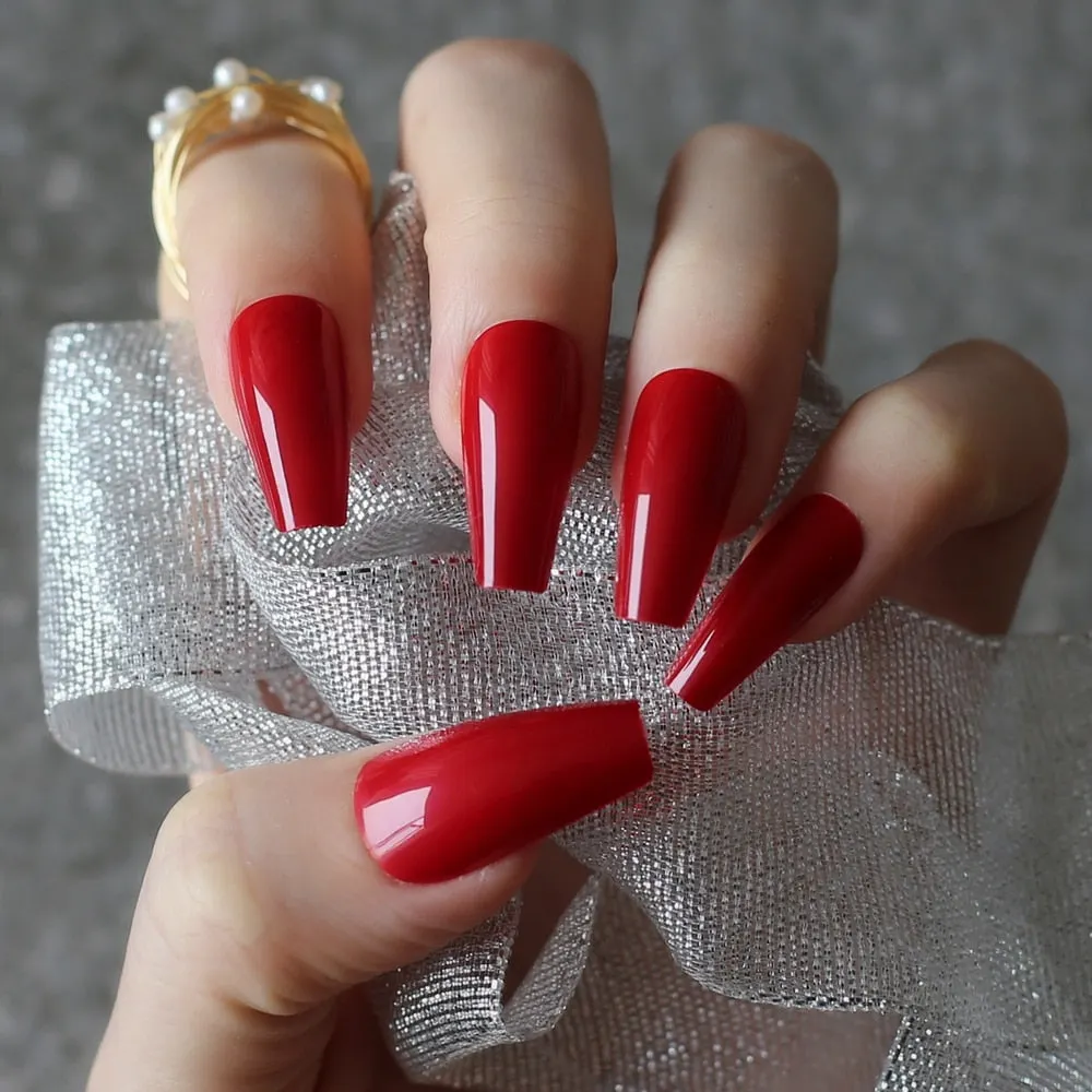 Glossy Ballet false nails red Long coffin Salon art matte Fake nails Transparent rectangle-Nail Inspo