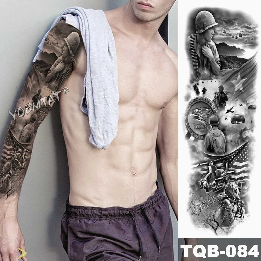 Large Arm Sleeve Tattoo Sketch Lion Tiger Waterproof Temporary Tattoo Sticker Crow Warrior Soldier Men Full Skull Totem Tattoo