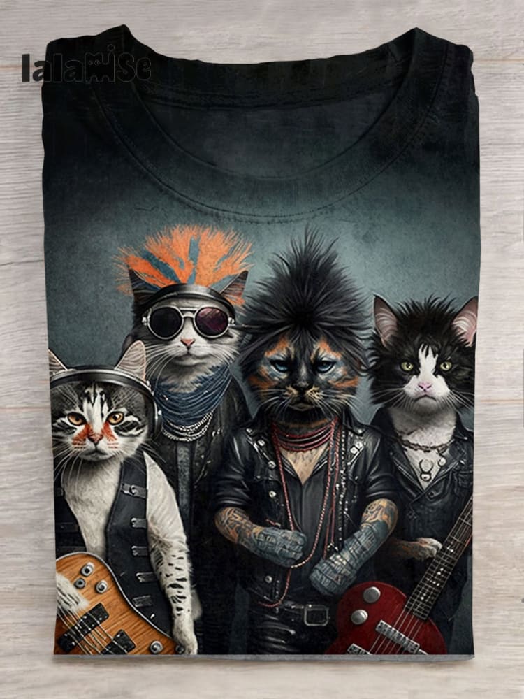 Funny Rock Band Cat Art Print Short Sleeve Casual T - Shirt Multicolor / S