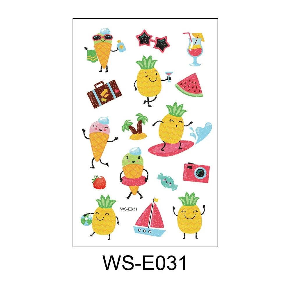 10 Kinds Glitter Powder Children Tattoo Cartoon Fruits Cute Makeup Temporary Body Arm Stickers Disposable Tatouage Temporaire